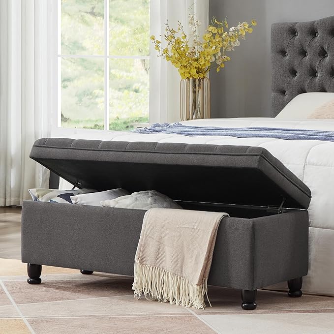 Upholstered Tufted Button Storage Bedroom Bench,Classic Linen Fabric Storage Ottoman Bench for End of Bed with Solid Wood Leg,Living Room,Entryway,Dark Gray