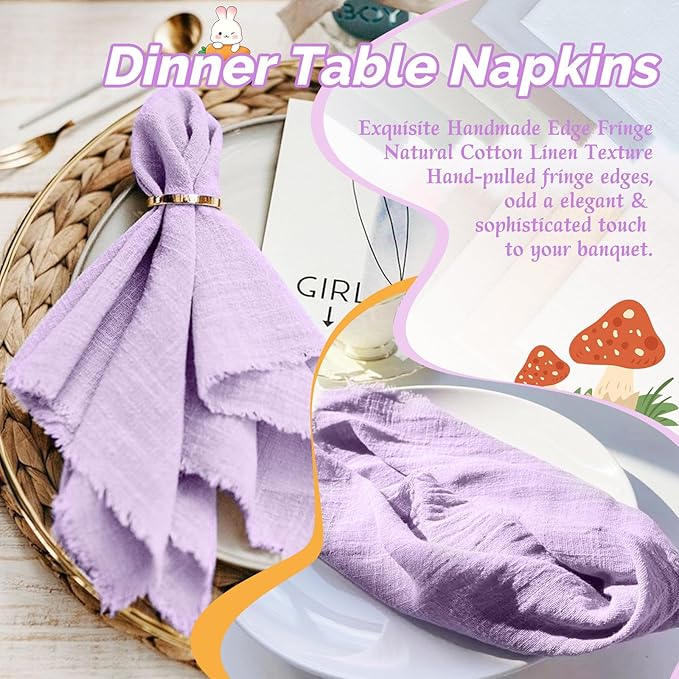 Showgeous 30 Pack Lavender Cloth Napkins with Fringe 16x16 inch 100% Cotton Purple Napkins Handmade Dinner Napkins Bulk Washable Soft Rustic Table Napkins for Wedding Parties Bridal Baby Shower
