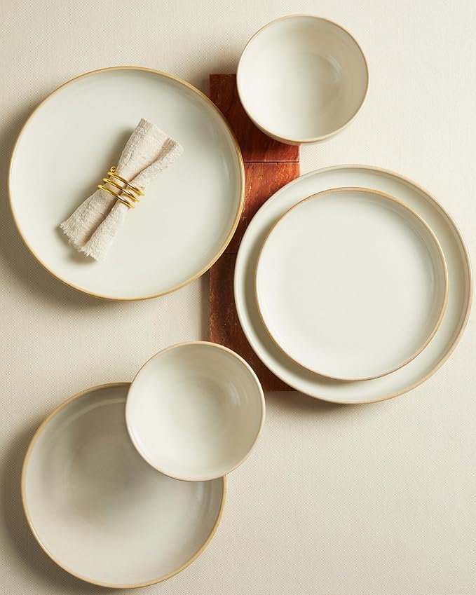 Pokini 16 Piece Double Bowl Dinnerware Sets with Pasta Bowls, Highly Chip and Crack Resistant Plates and Bowls Sets, Natural Earthyware Ceramic Dishware Sets, Service for 4 Yellow White