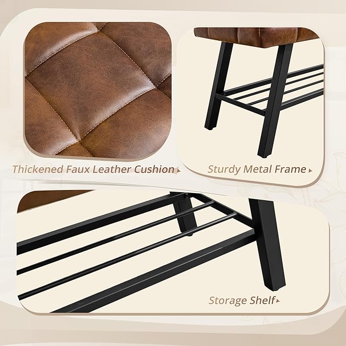 LUE BONA 45" Entryway Bench with Shoe Storage, End of Bed Bench with Tufted Faux Leather Seat, Bedroom Bench with Metal Frame, 330 LBS Capacity for Entryway, Living Room, Hallway, Brown