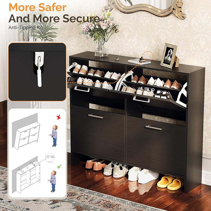 VINGLI Black Shoe Cabinet for Entryway, Ultra Slim Shoe Rack Storage with 4 Flip Drawers, Modern Narrow Shoe Organizer for Hallway, Hidden Sneaker Cupboard, 42 Inch Wide