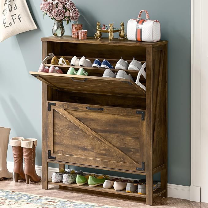 Shoe Storage Cabinet with 2 Flip Drawers, 5 Tier Narrow Hidden Shoe Cabinet for Entryway, Slim Wooden Farmhouse Shoe Rack Organizer Cabinets, Rustic Brown