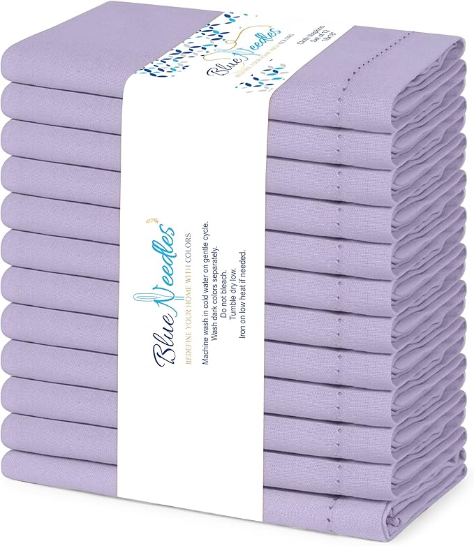 Blue Needles Set of 12 Hemstitch Linen Napkins 100% Cotton Lavender Cloth Dinner Napkins 18x18 inches - Spring Summer Easter - Soft, Reusable, Absorbent, Washable, Ideal for Parties & Everyday Use
