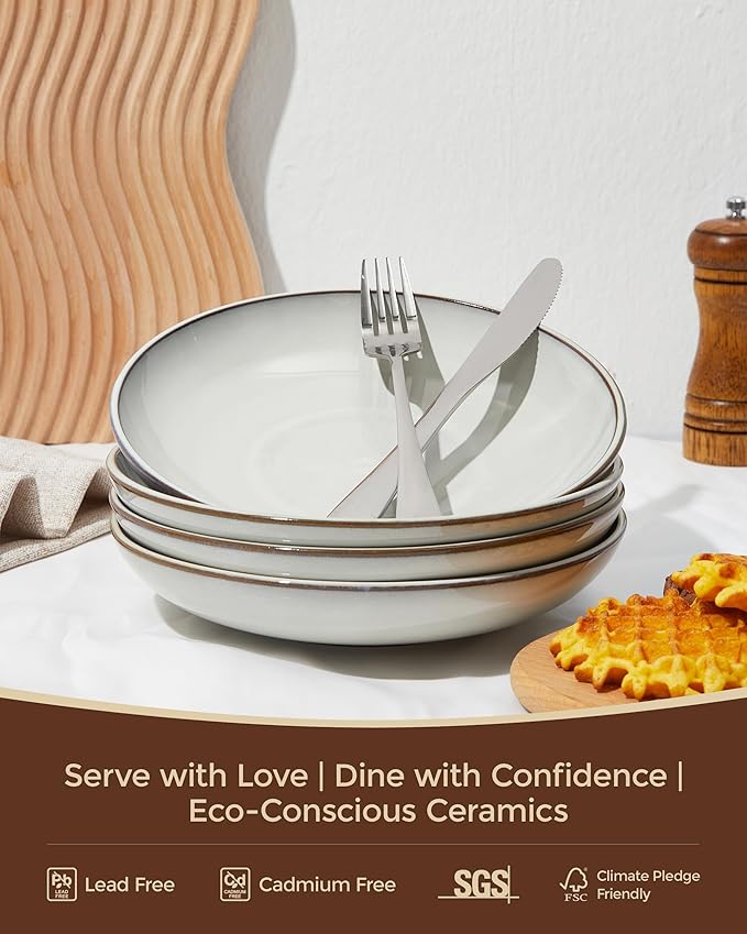 Pokini 16 Piece Double Bowl Dinnerware Sets with Pasta Bowls, Highly Chip and Crack Resistant Plates and Bowls Sets, Natural Earthyware Ceramic Dishware Sets, Service for 4 Moonstone White