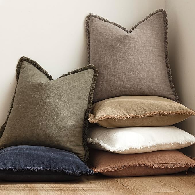 Foindtower Set of 2 Decorative Linen Fringe Throw Pillow Covers Boho Farmhouse Cushion Cover with Tassels Accent Pillowcase for Couch Chair Sofa Bed Living Room Home Decor,22×22 Inch,Brown Tan