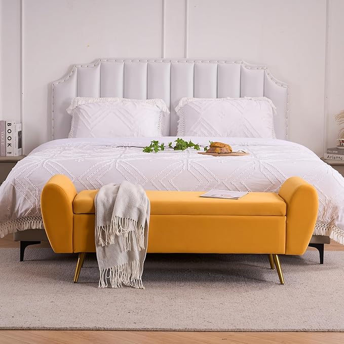 Storage Bench for Bedroom, 55" Extra Long Bench for King Size Bed, Modern Upholstered End of Bed Ottoman Bench with Arms for Entryway Living Room (Velvet, Mustard Yellow)