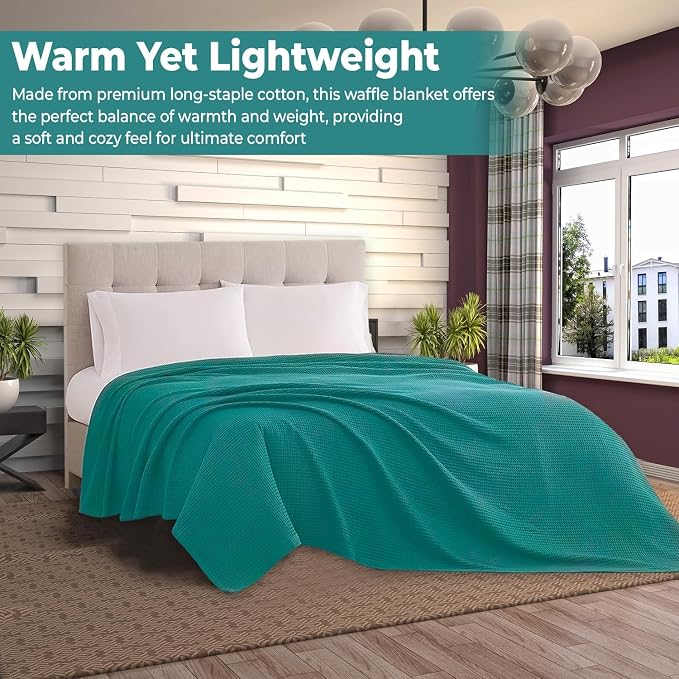 100% Cotton Blankets for Bed - Waffle Weave Blankets for Summer, Lightweight and Breathable Soft Woven Blanket for Spring (Teal, King (90" x 108"))