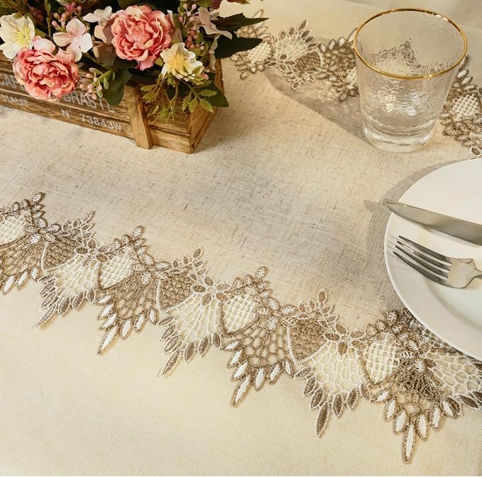 Phantomon Neutral Linen Table Runner 51 Inches Beige Embroidered Runner Lace Centerpiece for Dresser Tops, Dining Tables, Coffe Table and Home Decorations for Farmerhouse (Beige, 16 X 51 Inch)