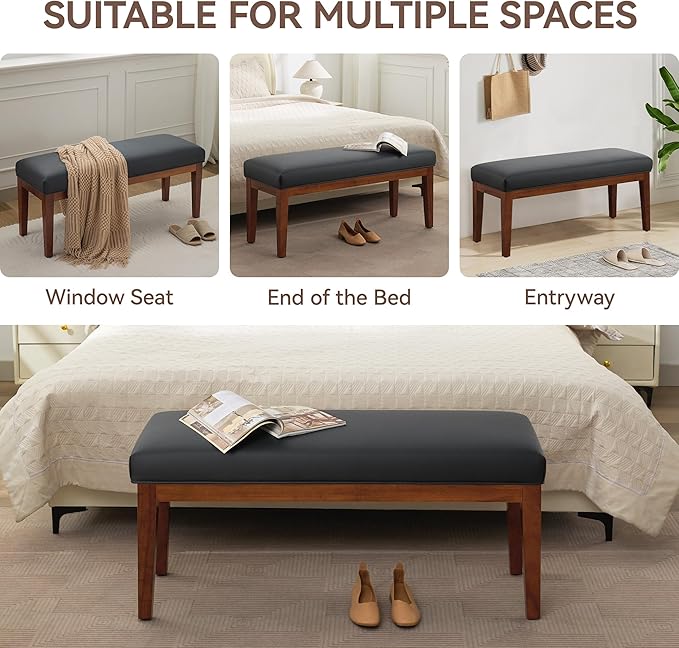 WUTUTUEE 43.5'' Faux Leather Bedroom Bench, Upholstered End of Bed Bench, Padded Vintage Dining Bench, Entryway Bench with Solid Wood Legs, Kitchen, Living Room, Hallway, Black