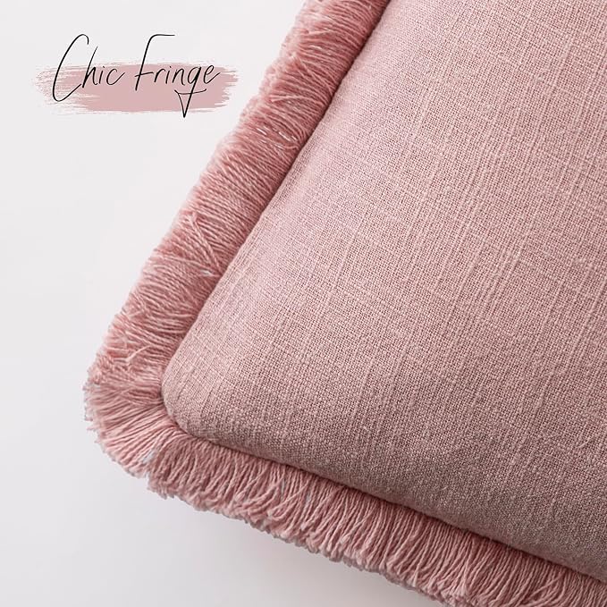Foindtower Set of 2 Decorative Linen Fringe Throw Pillow Covers Cozy Boho Farmhouse Cushion Cover with Tassels Soft Accent Pillowcase for Couch Sofa Bed Living Room Home Decor,18×18 Inch,Rose Pink