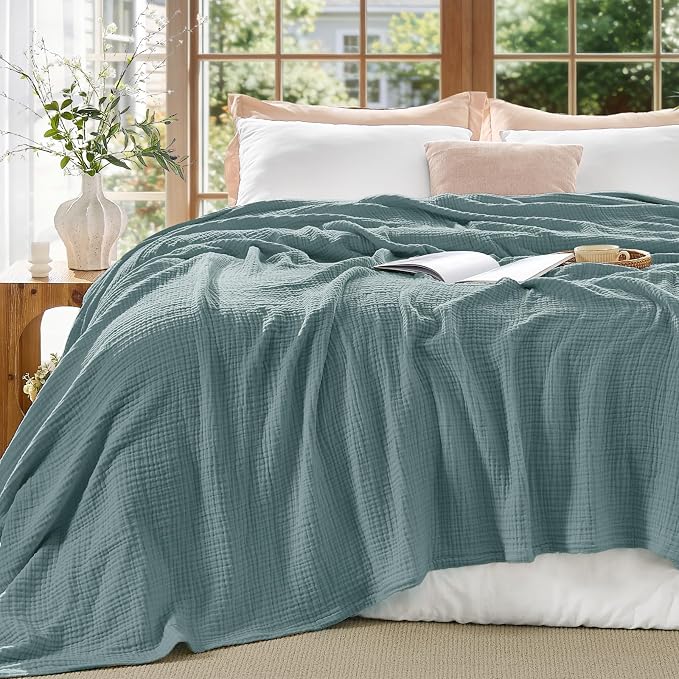 BEDELITE 100% Cotton Muslin Blankets for Adults - 4-Layer King Size Breathable and Lightweight Gauze Blanket for Couch, Bed, Travel and Summer, Soft & Cozy Gift for Women, Teal, 108"x90"