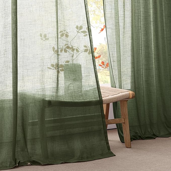 ANRODUO Olive Green Linen Curtains 102 Inches Long 2 Panels Light Filtering Sheer Back Tab Rod Pocket Drapes Cotton Linen Textured Window Curtain 102 Inch Length for Bedroom Patio Sliding Glass Door
