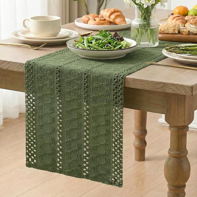 Artoid Mode Army Green Farmhouse Woven Rustic Hollow Table Runner, Seasonal Holiday Hollow Kitchen Dining Table Decoration for Home Party Decor 12x48 Inch