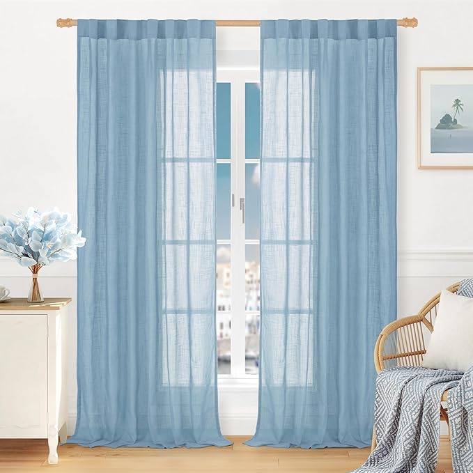 LAMIT Linen Curtains for Living Room 96 inches Long, Blue Light Filtering Semi Sheer Curtains Back Tab and Rod Pocket Boho Farmhouse Drapes for Bedroom/Sliding Glass Door, 2 Panels, 52 x 96 Inch