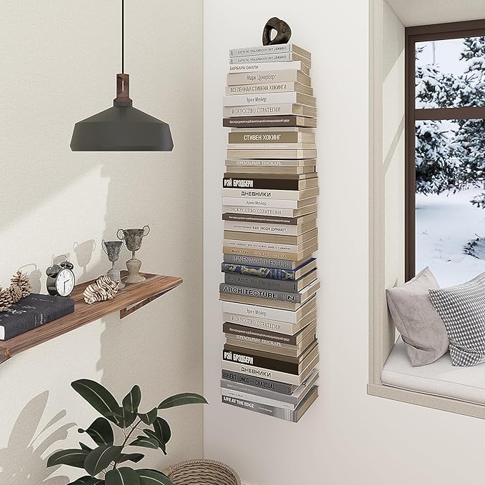 Mefirt Invisible Floating Bookshelves for Wall, 6 Tier Vertical Spine Book Tower, Heavy Duty Floating Book Shelves Metal Book Organizers for Home Office, 3 Pack(White)