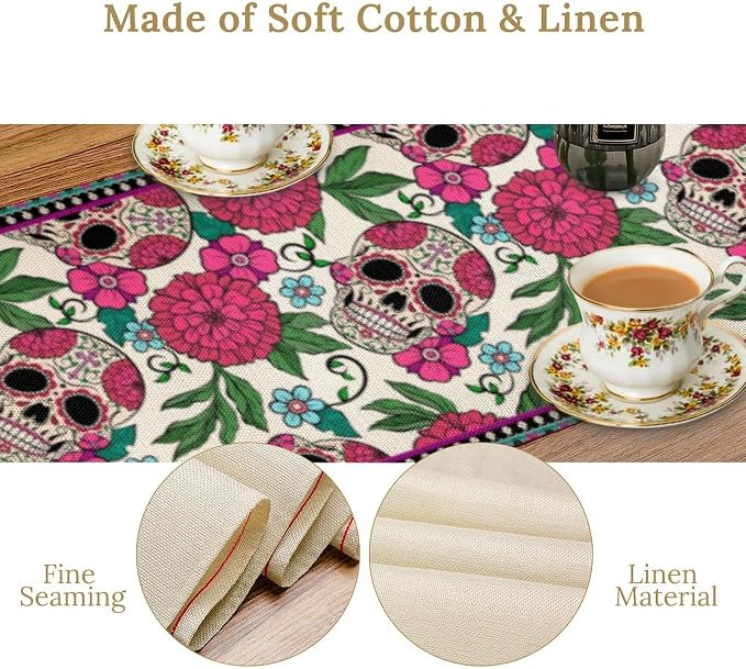 YCness Dia De Los Muertos Table Runner Red Floral Cinco De Mayo Rustic Linen Mexican Sugar Skull Day of The Dead Altar Decoration for Home Kitchen Dining Room, 13x120 Inch White