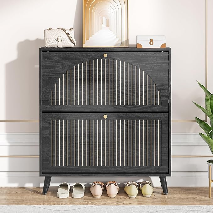 Fsbecl Shoe Storage Cabinet for Entryway with 2 Flip Drawers, Narrow Wood Shoe Cabinet with Fluted Panel, Freestanding Hidden Shoe Organizer for Foyer, Hallway (Black - No Shelf)