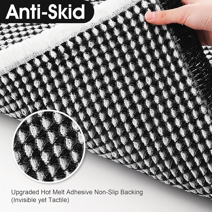 Upgraded Waffle Bath Mat Set 3 Piece Black & White, Super Absorbent Non-Slip Quick Dry Bathroom Rugs with Tassels, Machine Washable Ultra Soft Boho Bath Rugs for Floor,Toilet Mats Boho Farmhouse Decor