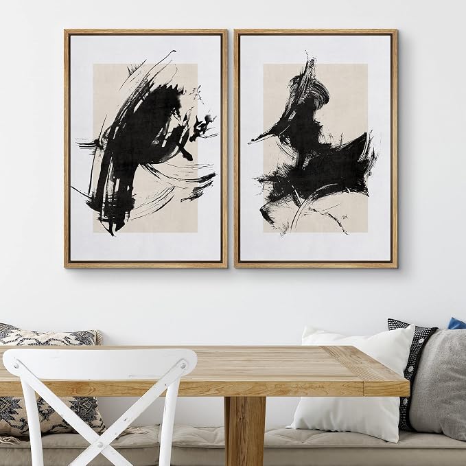 SIGNWIN Framed Canvas Print Wall Art Set Black Ink Paint Stroke & Brown Square Abstract Geometric Illustrations Graffiti & Street Art Modern Art for Living Room, Bedroom, Office - 24"x36"x2 Natural