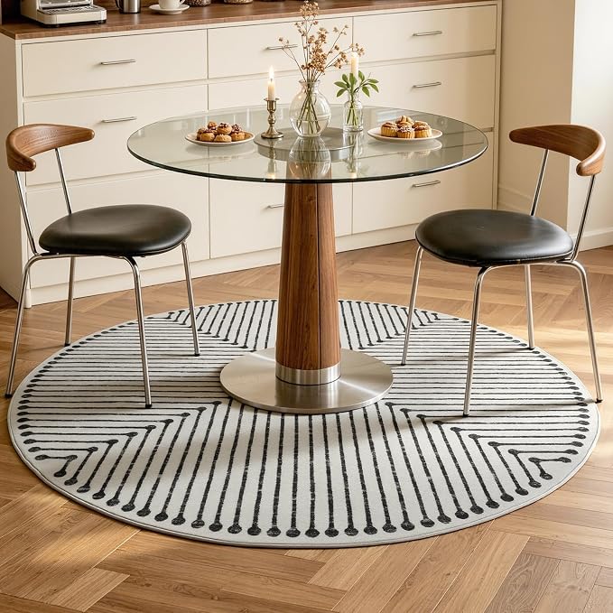 YIHOUSE Modern Washable 6ft Round Rug for Living Room, Black and White 6x6 Circle Rugs for Bedroom Non Slip Non Skid, Striped Carpet for Dining Room Playroom Home Office Decor