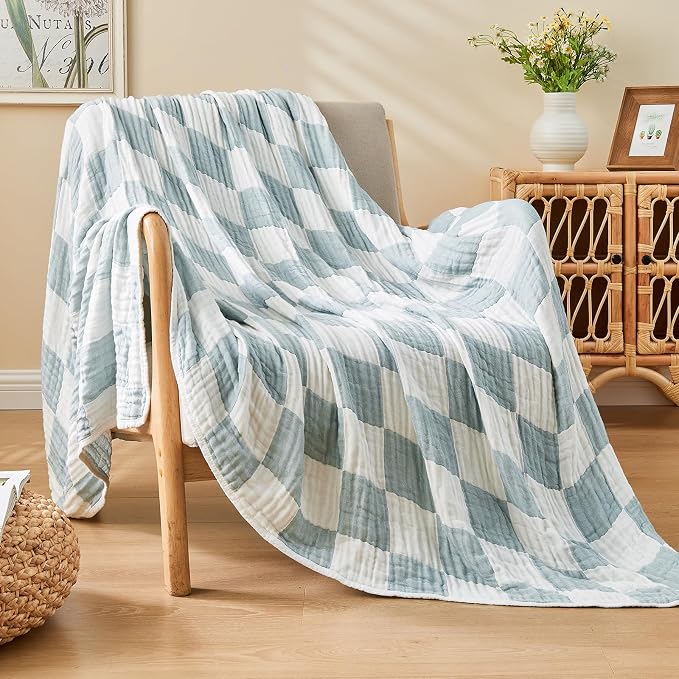 EMME Cooling Muslin Twin XL Blanket - Checkered Lightweight Summer Cotton Blankets of Rayon Derived from Bamboo for Hot Sleepers, Ultra Soft Breathable All Season Gauze