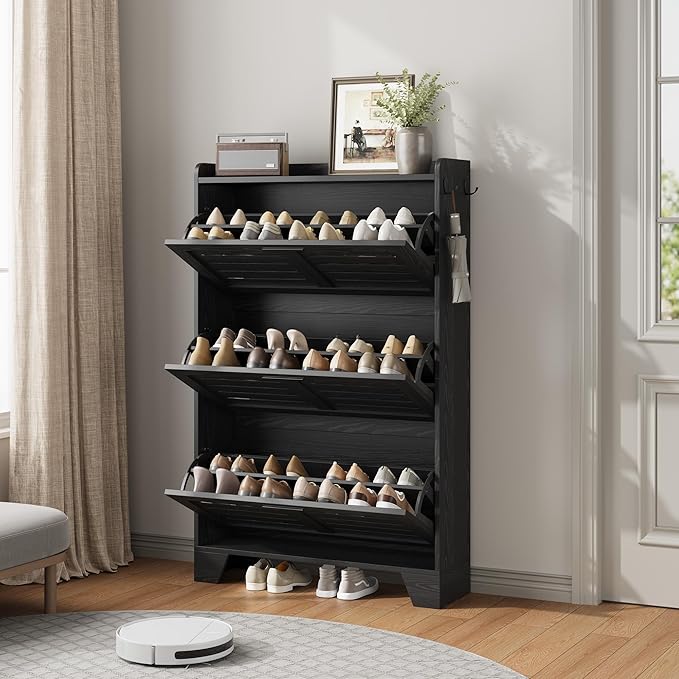 IDEALHOSUE Shoe Cabinet Storage for Entryway, Slim Shoe Storage Cabinet with 3 Flip Drawers, Freestanding Hidden Narrow Shoe Organizer Cabinet with Hooks for Entrance, Foyer, Hallay, Black
