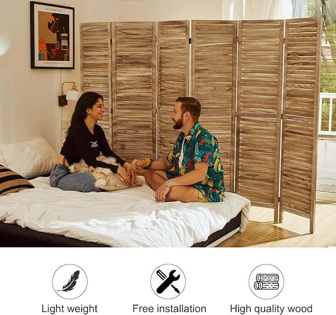 Room Partitions and Dividers Temporary Wall with Double Hinges, 5.6 Ft Tall Folding Louver Wood Screen for Home Office Bedroom Decoration (6 Panels, Natural Color)