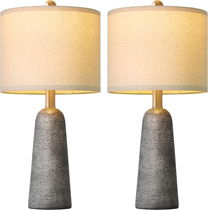 BOBOMOMO 21" Modern Table Lamps Set of 2, Gray Resin Lamp with Stone Look, Small Bedside Lamps for Bedroom, Contemporary Nightstand Lamps with Linen Shades, Small Lamp for Nursery, Entryway