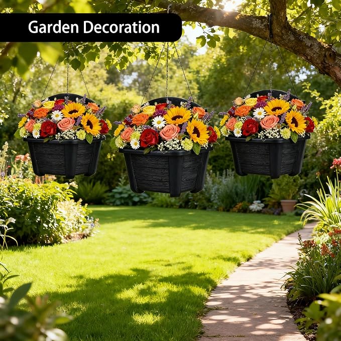summer flower 3 Pack Hanging Planters for Railing, 9.84 Inch Plastic Window Box with Drain Hole Plug, Indoor Outdoor Flower Pots for Balcony Fence Garden Decor (Black)