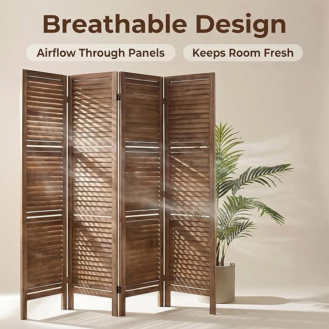 Bluecat 4 Panel Room Divider with Shelves,64" W x 67" H Foldable Privacy Screen, Freestanding Solid Wood Partition Wall for Home Office Bedroom, No Assembly Required,Dark Brown