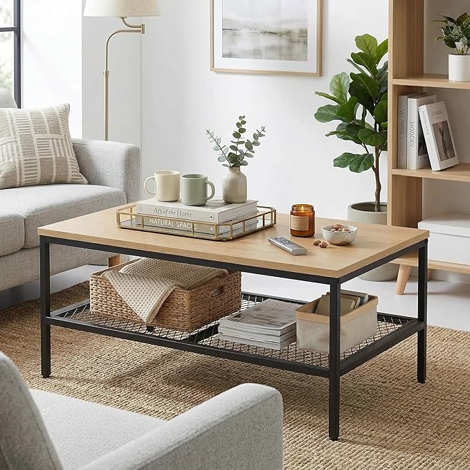 Wood Coffee Table,Rustic Rectangle Coffee Table with 2-Tier Storage for Living Room,Modern Industrial Center Table Small, Simple Rectangular Coffee Table in Office Bedroom,35.5in Beige