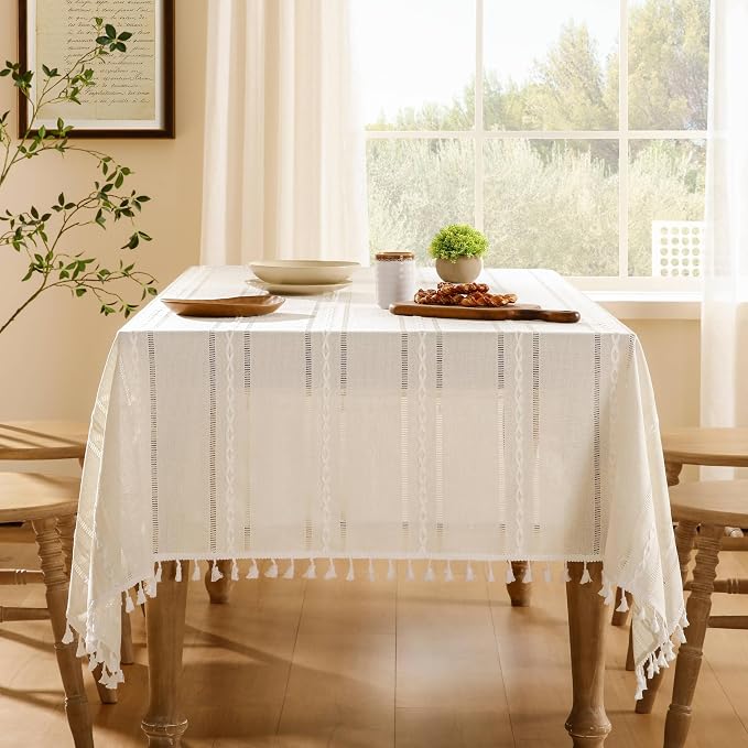 ZeeMart Hemstitched Embroidery Striped Boho Tablecloth 60x104 Inch Ivory, Heavy Weight Farmhouse Burlap Linen Off White Tablecloth, Wrinkle Resistant Washable Table Cloth for Rectangle Table ﻿