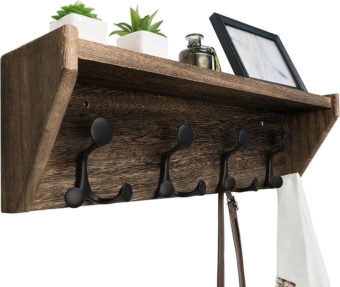 WEBI Wall Shelf with Hooks Underneath,24" Long Wall Mounted Coat Rack with Shelf,Entryway Coat Rack with 4 Triple Hooks for Hanging Coats,Jacket,Hallway,Bedroom,Mudroom,Weathered Brown