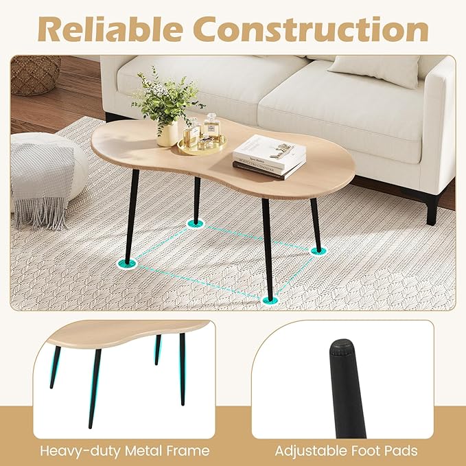 Giantex Small Coffee Table, 39.5" Cloud Center Table with Metal Frame, Unique Irregular Accent Cocktail Tea Table, Modern Wood Coffee Table for Living Room, Small Spaces (Natural)