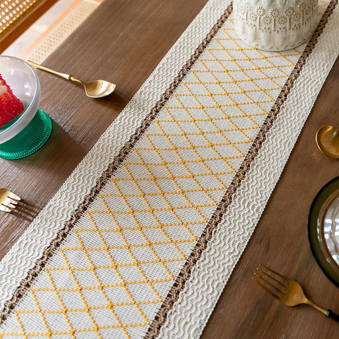 EMMTEEY Macrame Table Runner Boho Style - Scratch & Heat Resistant, Hexagonal Grid Cotton Linen Table Runner with Tassels for Home Decor/Bedroom (12"X36", Yellow)