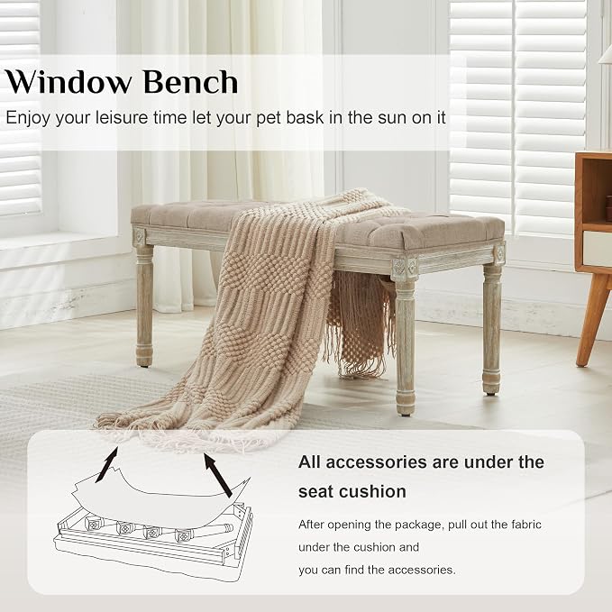 LOULENS French Vintage Bench, Linen Fabric Entryway Bench, Upholstered Tufted End of Bed Bench with Brushed Wood Legs,Light Brown