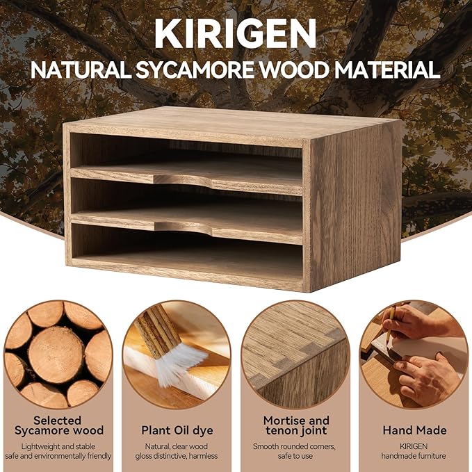 KIRIGEN Wooden Desktop Organizer, 3 Tier Solid Wood Letter Tray and Paper File Sorter for Desk, Freestanding Office Document Holder for Mail, Magazines, Folders, 13.78 x 9.45 x 7.08 in Brown 3KWJG-DBR