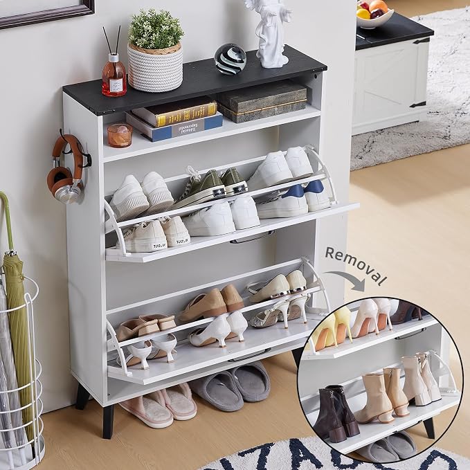 Joaxswe Shoe Cabinet Storage for Entryway with 2 Flip Drawers 2 Hook Open Storage Layer Rack Narrow Organizer Slim Hidden Wood Shoe Cabinet Furniture White