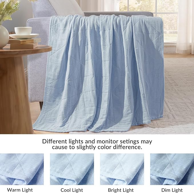 Exclusivo Mezcla 100% Cotton Muslin Blanket for Bed, King Size 4-Layer Moisture-Wicking and Breathable Ultra Soft Gauze Blanket for Spring Summer, 104"x90", Ice Blue