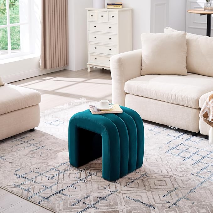 ONEVOG Velvet Pouf Ottoman, Small Ottoman Foot Rest for Couch, 18 Inch Cute Vanity Chairs for Makeup, Living Room Decorative, Sturdy Frame, Upholstered Modern Footrest for Bedroom, Dorm, Teal