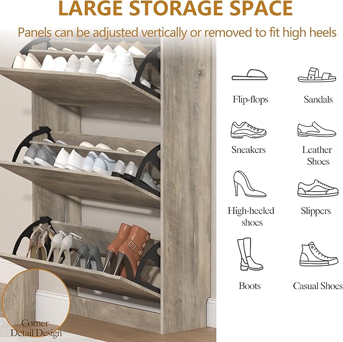 Wodeer Shoe Storage Cabinet with 3 Flip Drawers, Slim Hidden Wood Shoe Cabinet Storage for Entryway, Freestanding Narrow Shoe Rack Organizer with Adjustable Shelves for Foyer, Hallway, Grey