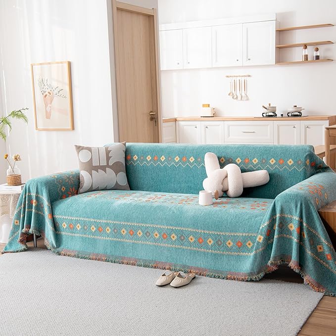 DREAMINGO Teal Boho Couch Cover Western Sofa Covers for 2 Cushion Couch Washable Bohemian Loveseat Covers Geometric Jacquard Couch Cover Blanket with Tassel, Large 71"x118"