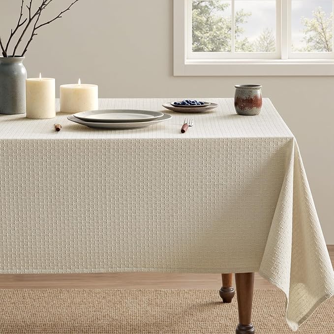 MIULEE Natural Beige Linen Cotton Table Cloth Rectangle Tablecloth Spring Waterproof Spillproof Cross-Star Textured Table Cloth Decorative Farmhouse Style for Dining Party Weddings 52x70 Inch