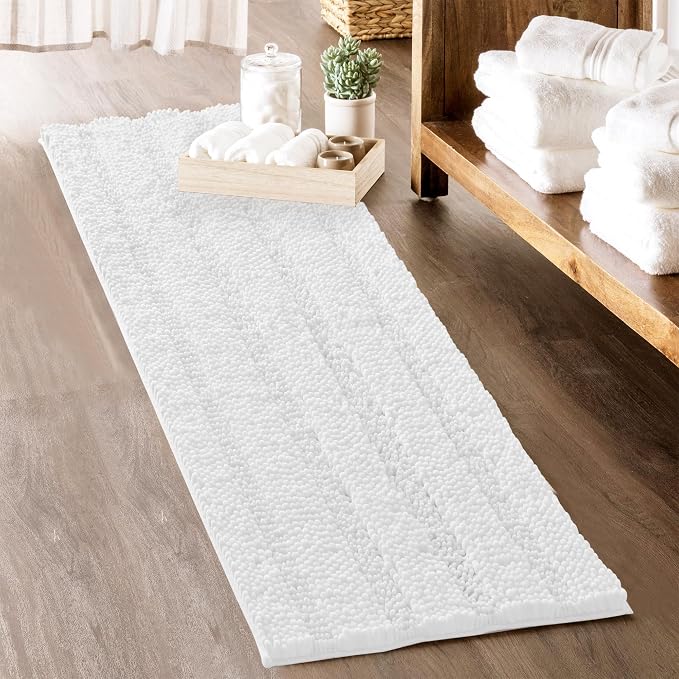 KGORGE Bathroom Rugs - Super Soft Bath Mat Non-Slip Plush Carpet Runner for Tub, Washable Absorbent Microfiber Chenille Floor Carpet for Door Way Kitchen, Pure White, 60" x 24", 1 Piece