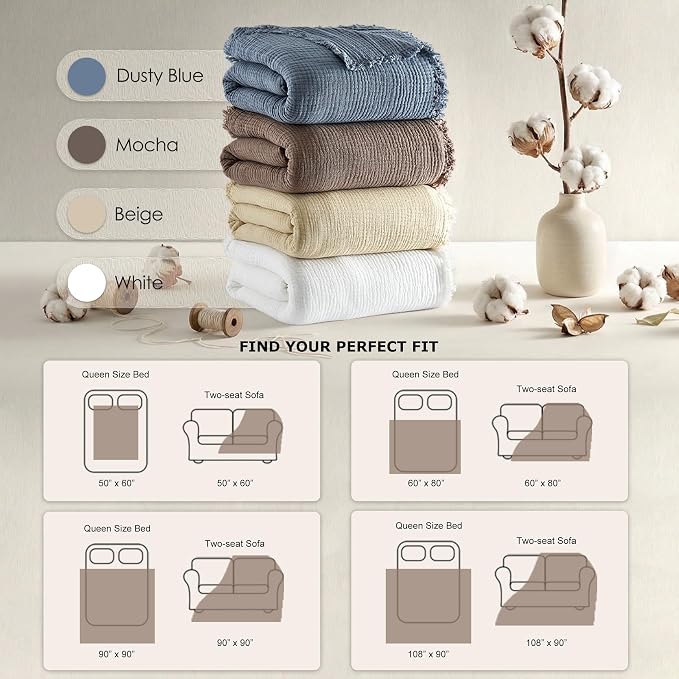 WDCOZY 100% Cotton Muslin Blanket Queen Size 4-Layer for Bed Breathable Lightweight Soft Large Boho Farmhouse Linen Tassels Ruffle Gauze Blankets All Season for Adults 90x90 Inches Beige Tan Neutral