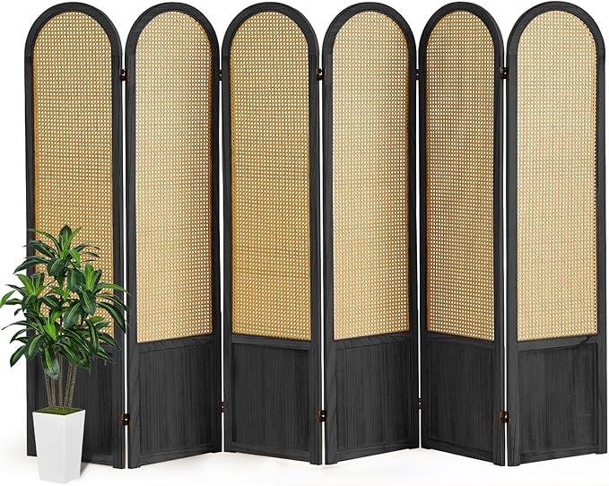 Room Divider 6 Panels, Folding Privacy Screen, Foldable Wood Rattan Room Divider Panel, Portable Partition Screen, Wall Divider for Room Separation Bedroom Home Office Garden Terrace (Black)