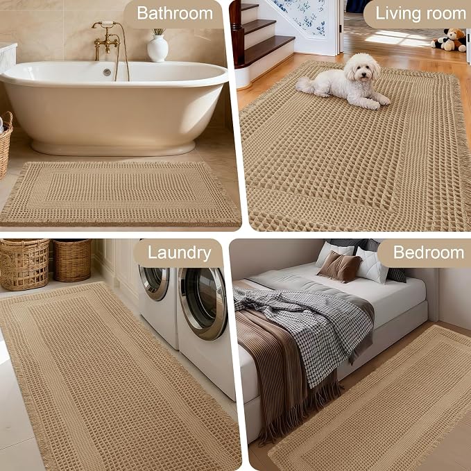 Upgraded Waffle Bath Mat, 36"x24" Beige-Looped, Super Absorbent Non-Slip Quick Dry Bathroom Rugs with Tassels, Machine Washable Ultra Soft Boho Bath Rugs for Floor, Toilet Mats Boho Farmhouse Decor