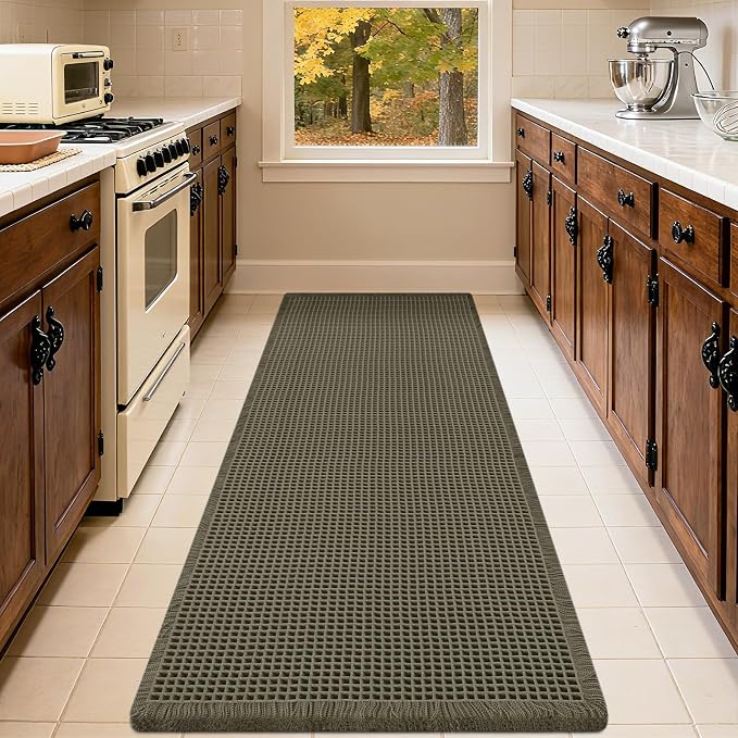 IM HOME Extra Large Waffle Bath Mat, 6'x2' Greyish Green, Boho Bathroom Rugs Absorbent Non Slip, Ultra Soft Bathroom Mat, Machine Washable Knit Bath Rugs with Border for Bathroom, Bedroom, Kitchen