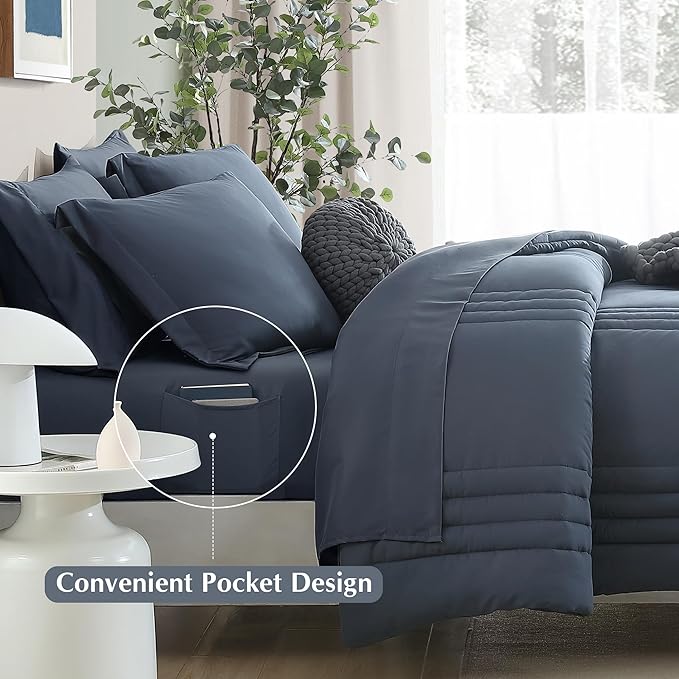 Monbix Twin XL Size Comforter Set - Extra Long 5 Pieces Dorm Bedding Sets, Quilting Design Fluffy Bed in a Bag Twin XL with Sheets, Pillowcase & Sham(Blue Grey)