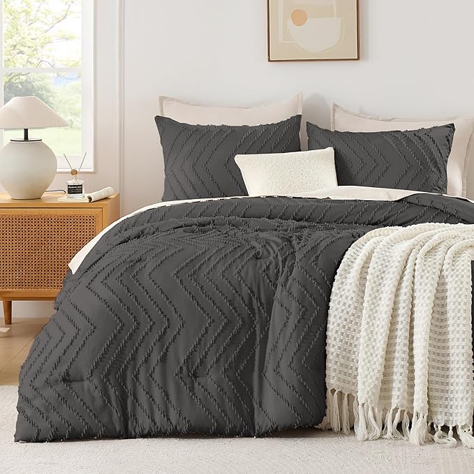Andency Dark Grey Oversized Super King Plus Comforter Set 128x120, Extra Large King Size Comforter Oversize Boho Soft Warm Bedding Comforter Sets, 3 Pieces Aesthetic Chevron Textured Bedding